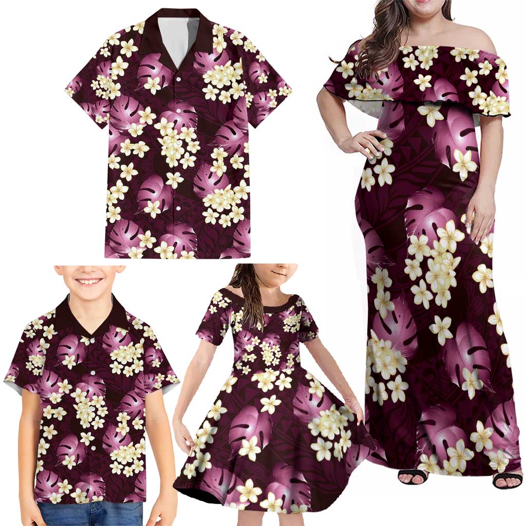 Pink Tropical Hawaii Family Matching Off Shoulder Maxi Dress and Hawaiian Shirt Seamless Monstera Plumeria Hawaiian Pattern LT14 - Polynesian Pride