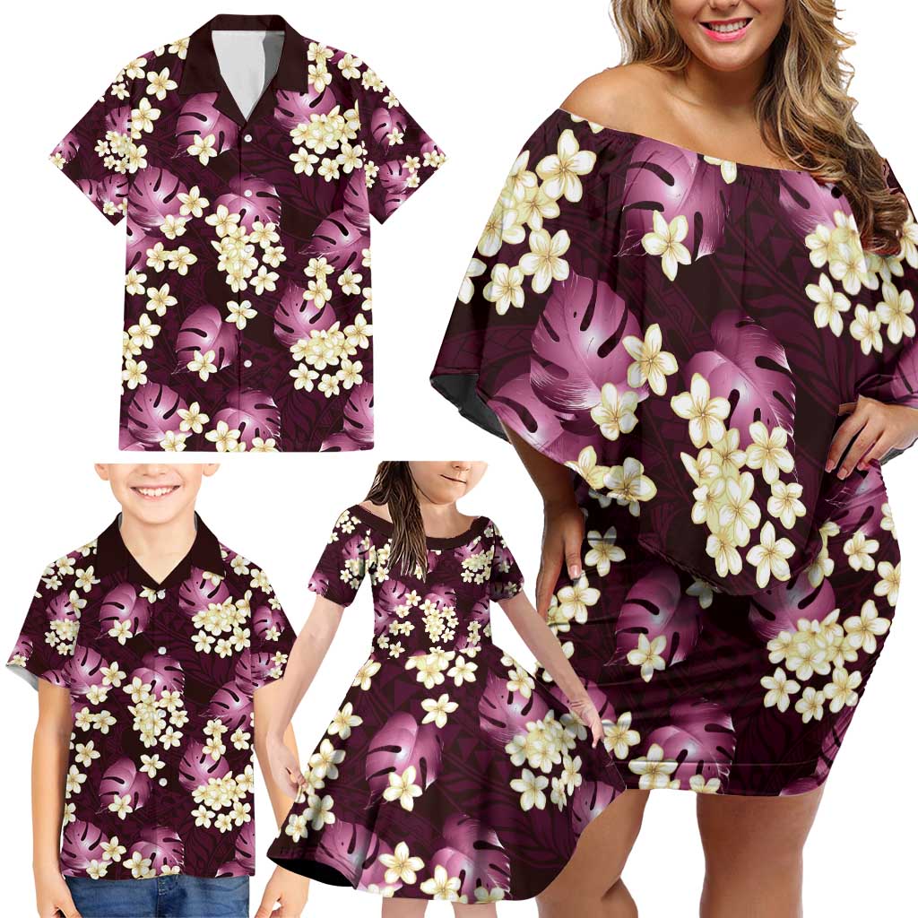 Pink Tropical Hawaii Family Matching Off Shoulder Short Dress and Hawaiian Shirt Seamless Monstera Plumeria Hawaiian Pattern - Polynesian Pride