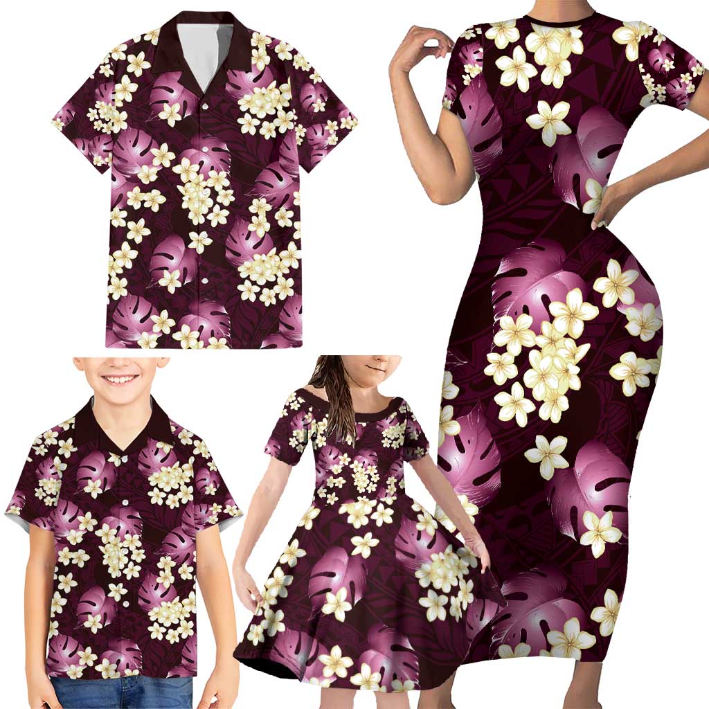 Pink Tropical Hawaii Family Matching Short Sleeve Bodycon Dress and Hawaiian Shirt Seamless Monstera Plumeria Hawaiian Pattern LT14 - Polynesian Pride