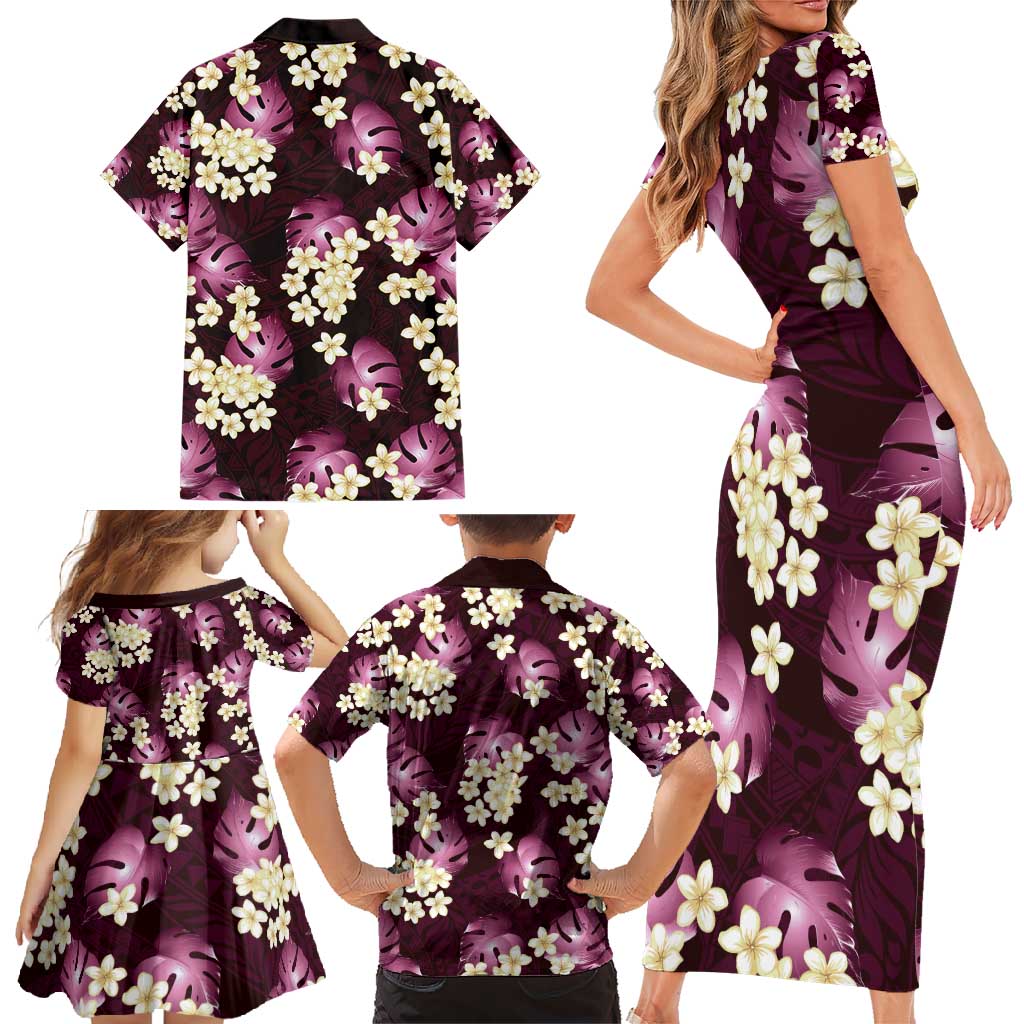 Pink Tropical Hawaii Family Matching Short Sleeve Bodycon Dress and Hawaiian Shirt Seamless Monstera Plumeria Hawaiian Pattern LT14 - Polynesian Pride