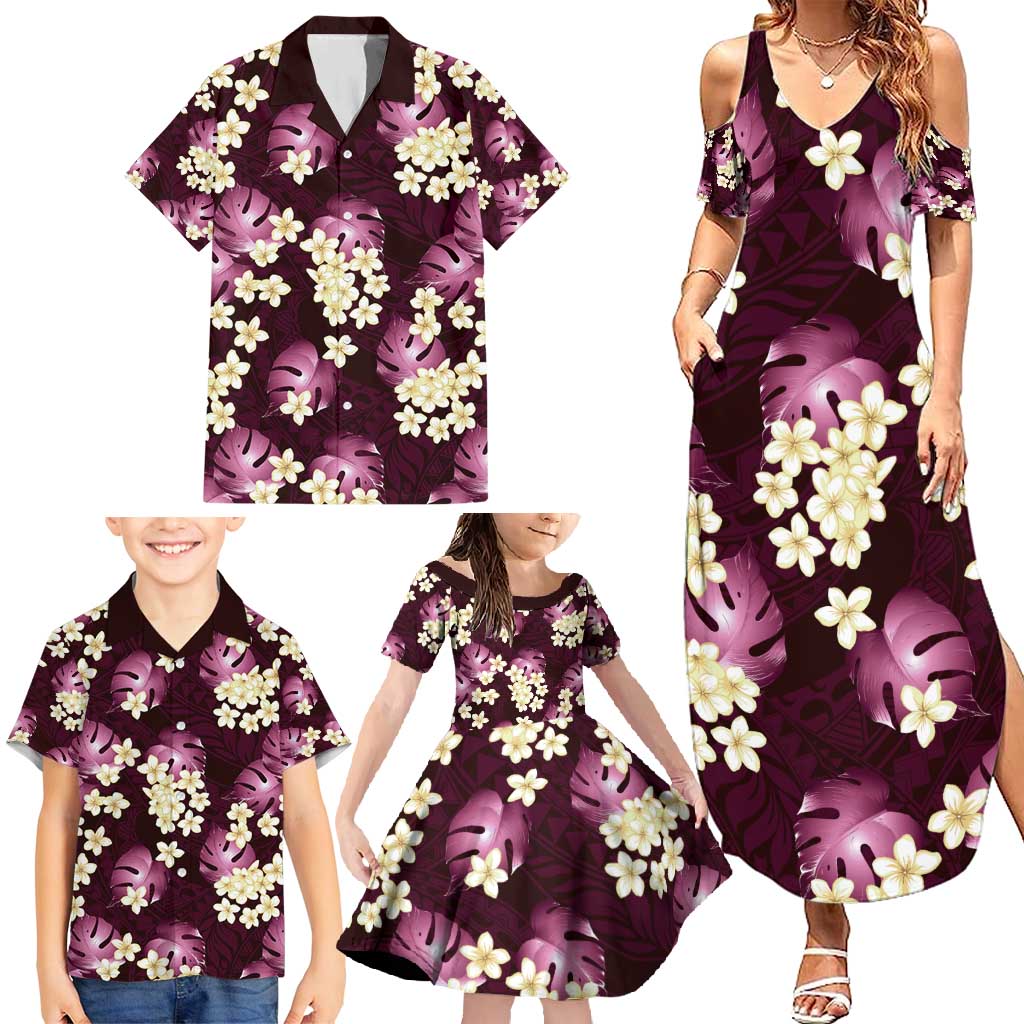 Pink Tropical Hawaii Family Matching Summer Maxi Dress and Hawaiian Shirt Seamless Monstera Plumeria Hawaiian Pattern - Polynesian Pride