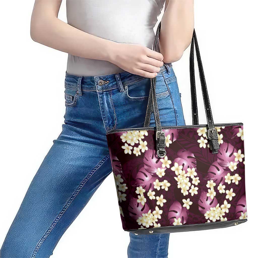 Pink Tropical Hawaii Leather Tote Bag Seamless Monstera Plumeria Hawaiian Pattern - Polynesian Pride