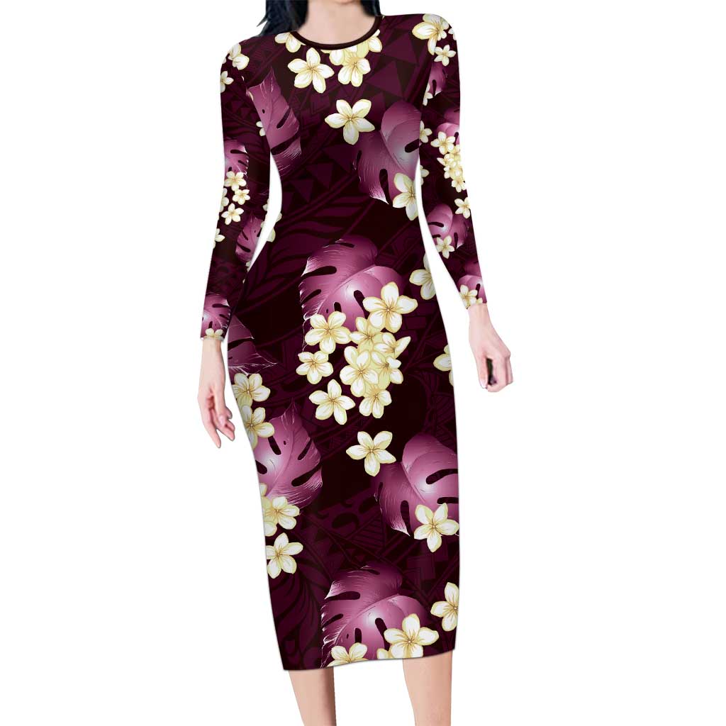 Pink Tropical Hawaii Long Sleeve Bodycon Dress Seamless Monstera Plumeria Hawaiian Pattern - Polynesian Pride