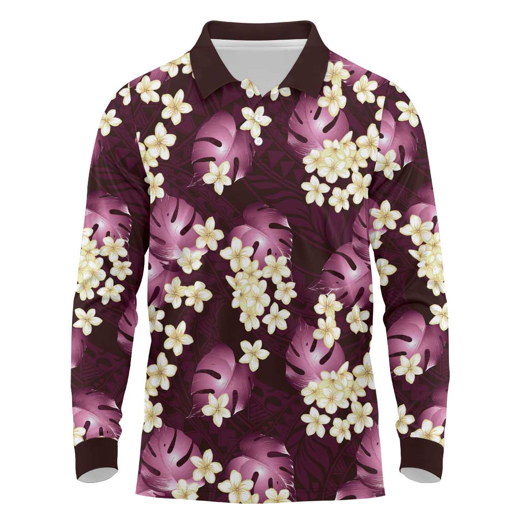 Pink Tropical Hawaii Long Sleeve Polo Shirt Seamless Monstera Plumeria Hawaiian Pattern - Polynesian Pride