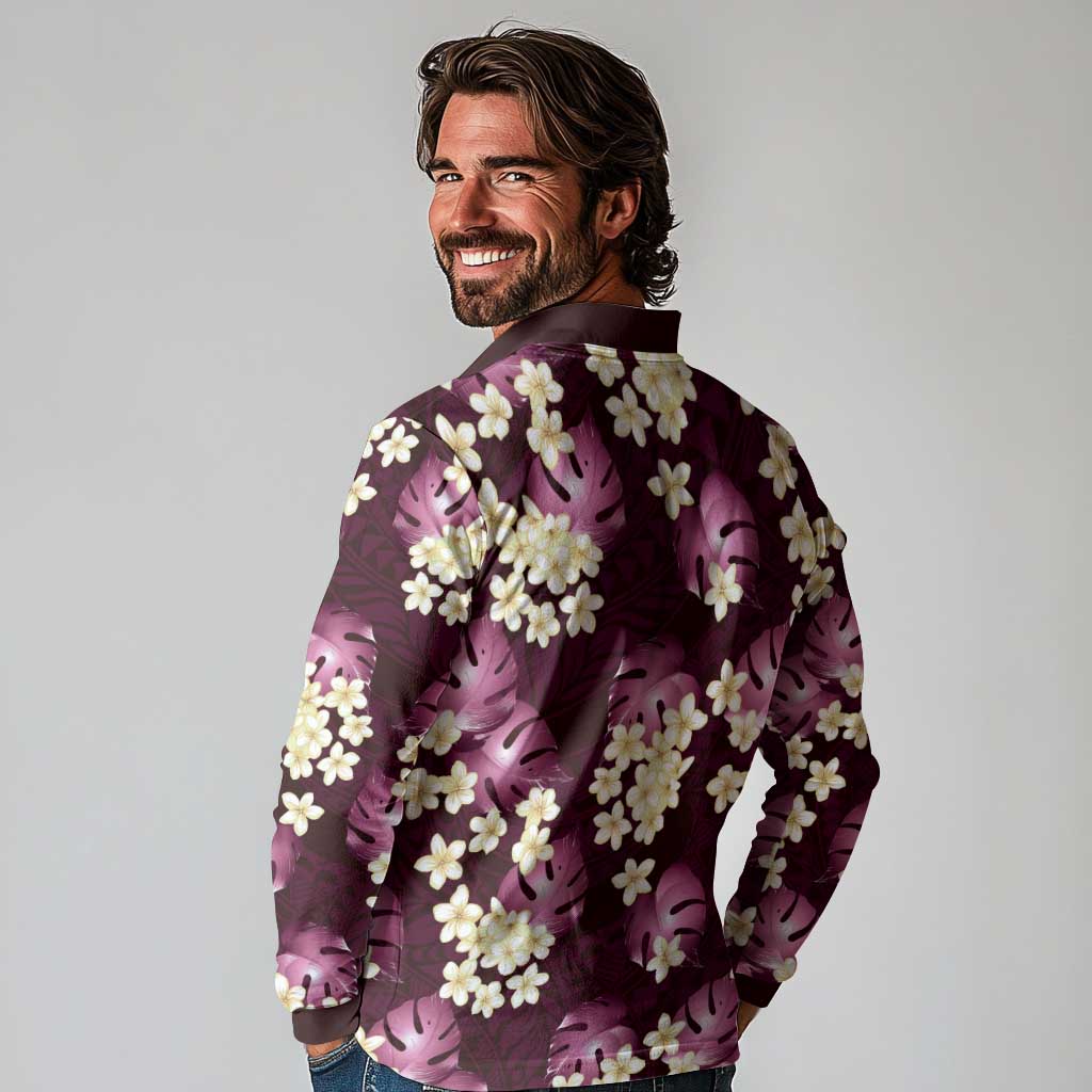 Pink Tropical Hawaii Long Sleeve Polo Shirt Seamless Monstera Plumeria Hawaiian Pattern - Polynesian Pride