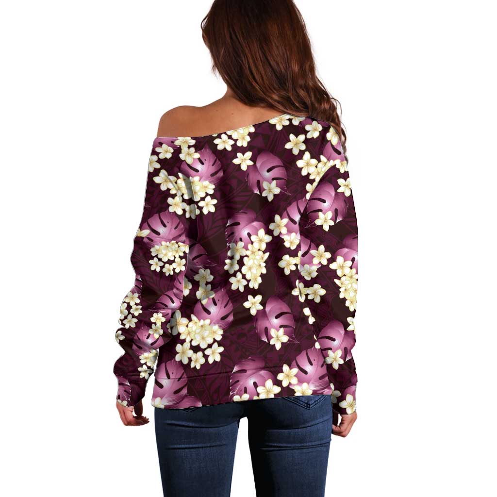 Pink Tropical Hawaii Off Shoulder Sweater Seamless Monstera Plumeria Hawaiian Pattern - Polynesian Pride