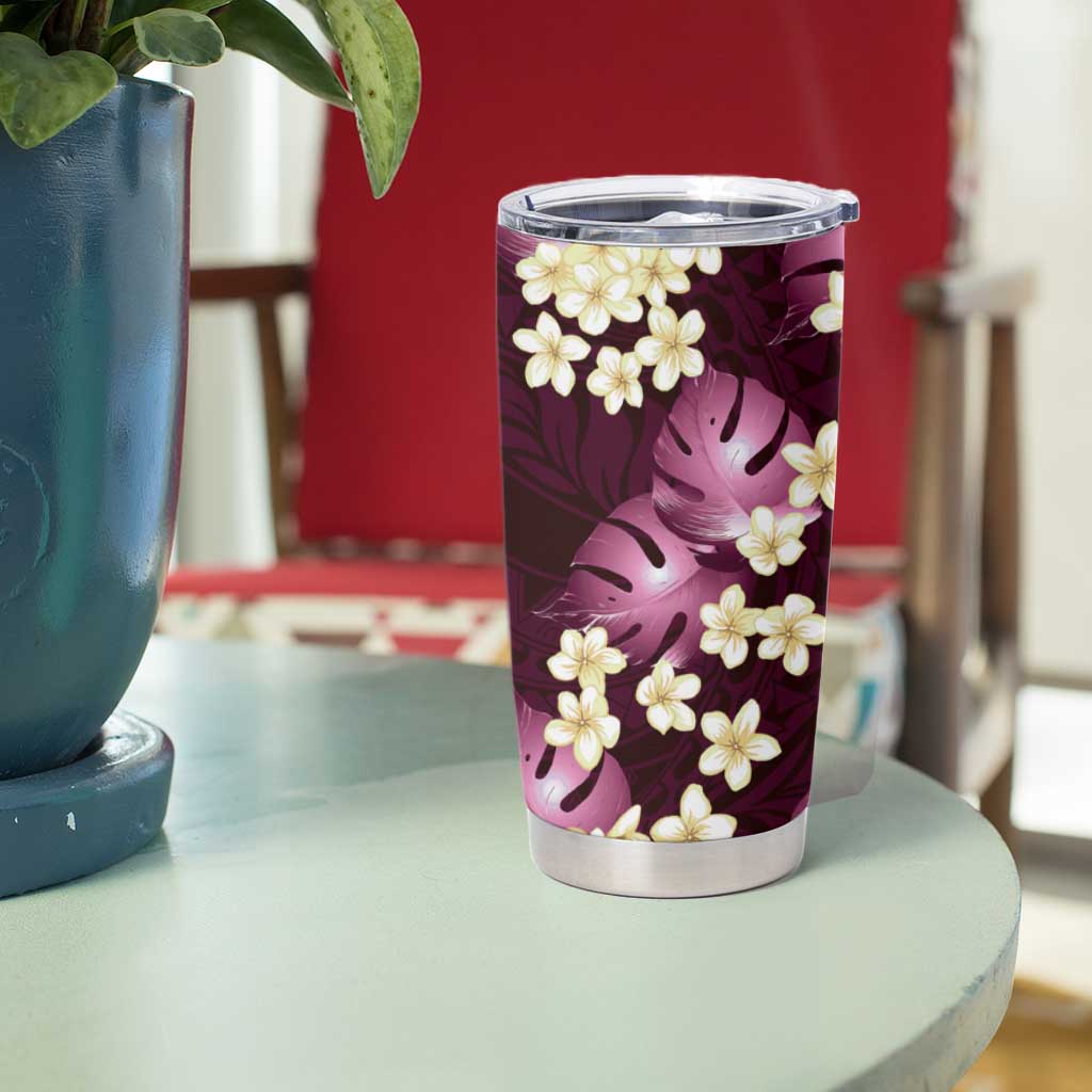 Pink Tropical Hawaii Tumbler Cup Seamless Monstera Plumeria Hawaiian Pattern - Polynesian Pride