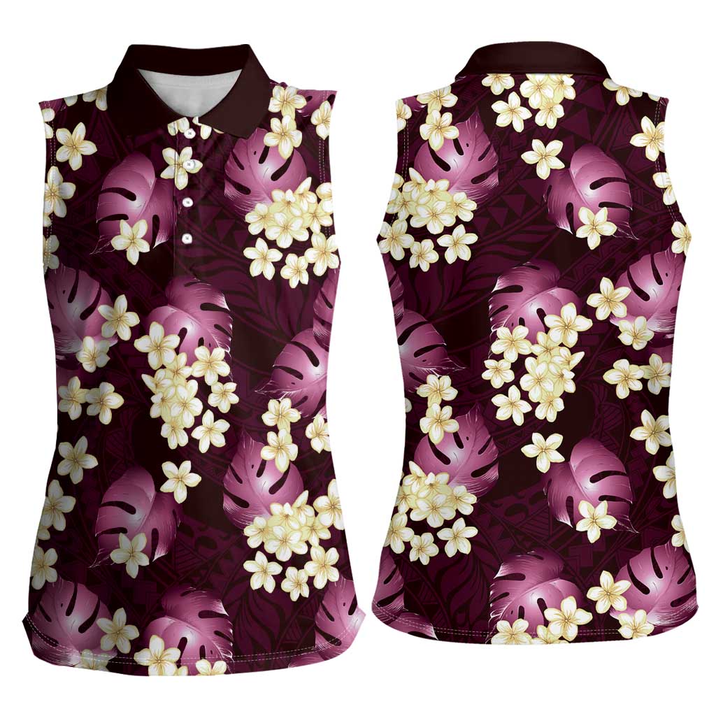 Pink Tropical Hawaii Women Sleeveless Polo Shirt Seamless Monstera Plumeria Hawaiian Pattern - Polynesian Pride