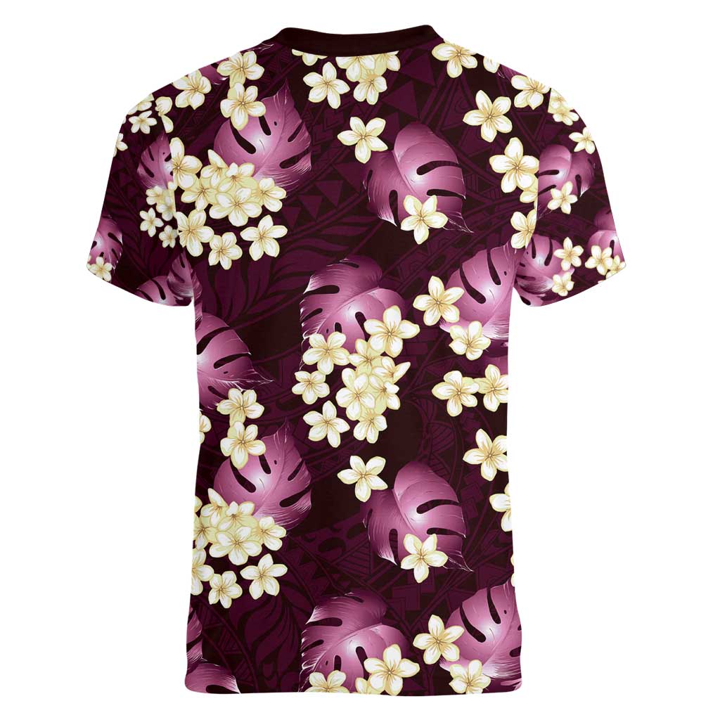 Pink Tropical Hawaii Women V-Neck T-Shirt Seamless Monstera Plumeria Hawaiian Pattern - Polynesian Pride
