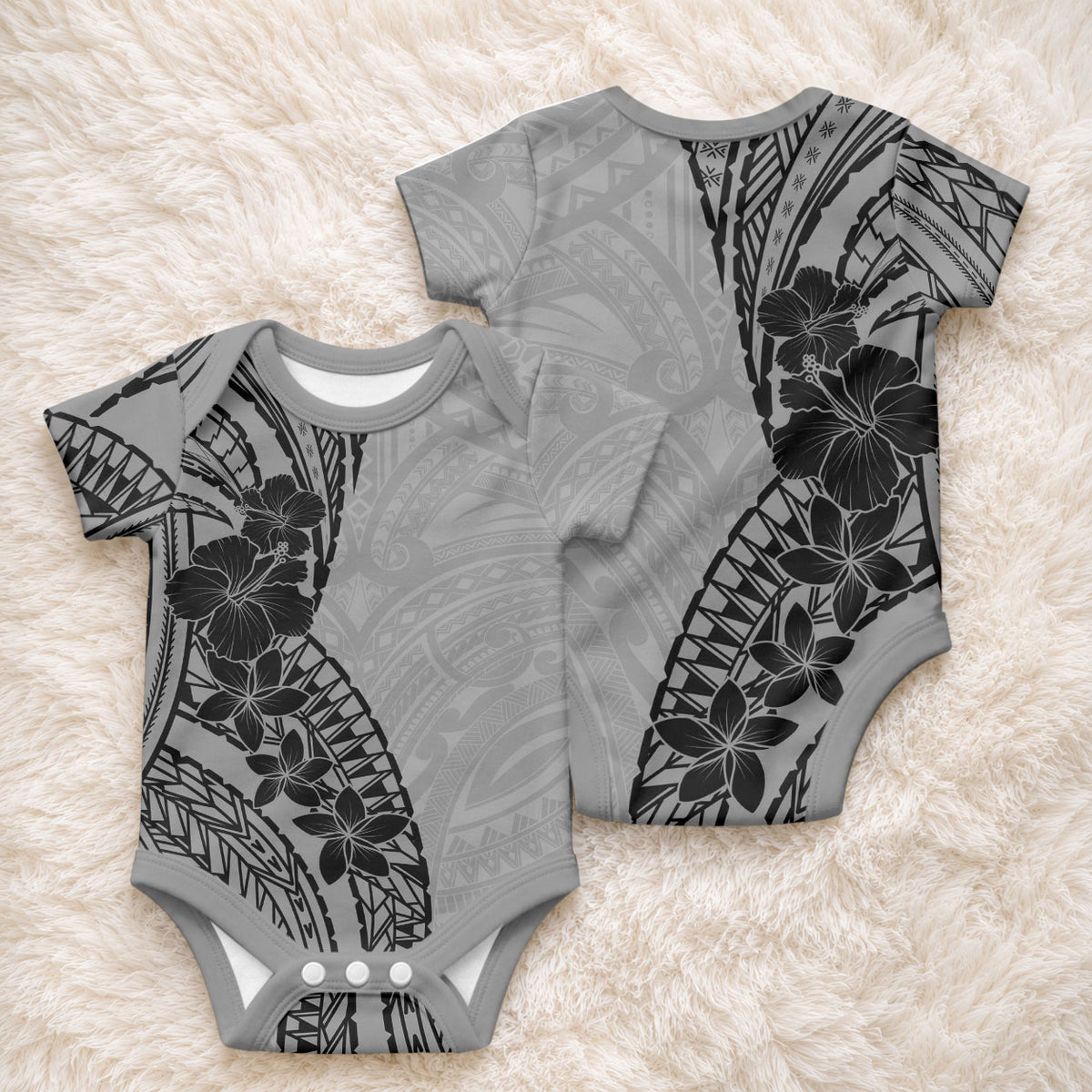 Black Gray Polynesia Tropical Flowers Baby Onesie LT14 - Polynesian Pride