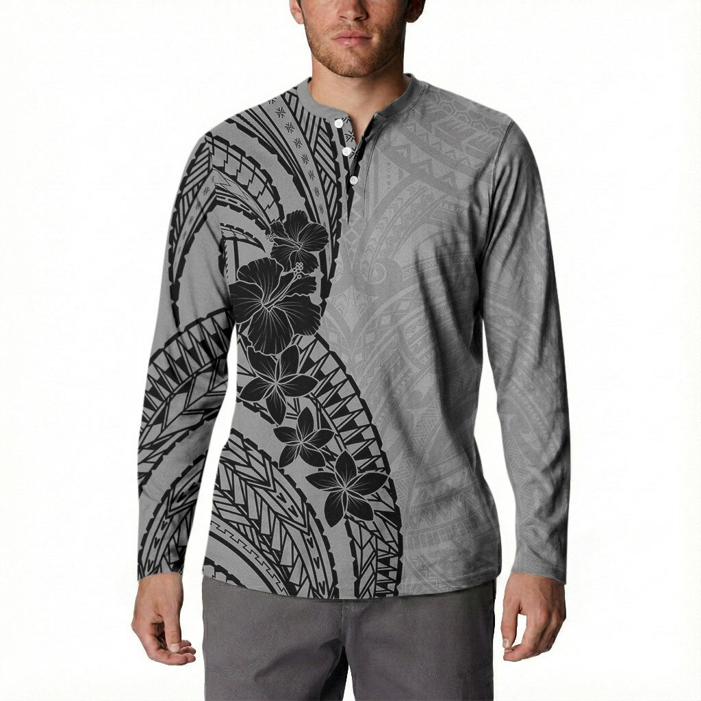 Black Gray Polynesia Tropical Flowers Button Sweatshirt LT14 - Polynesian Pride