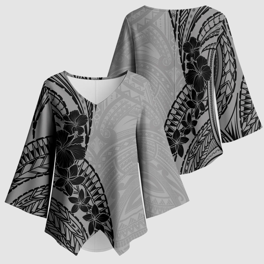 Black Gray Polynesia Tropical Flowers Kimono Sleeve Blouse