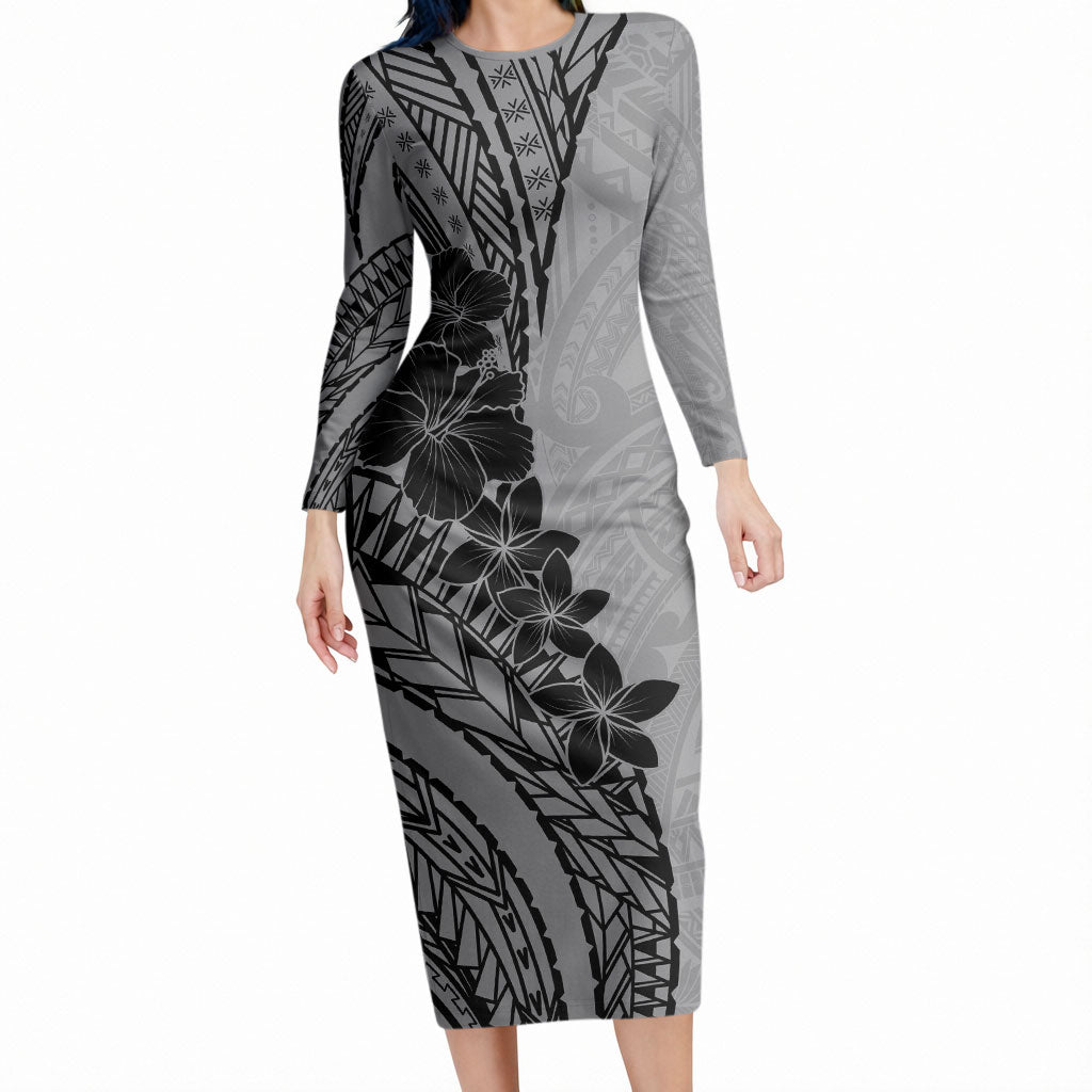 Black Gray Polynesia Tropical Flowers Long Sleeve Bodycon Dress
