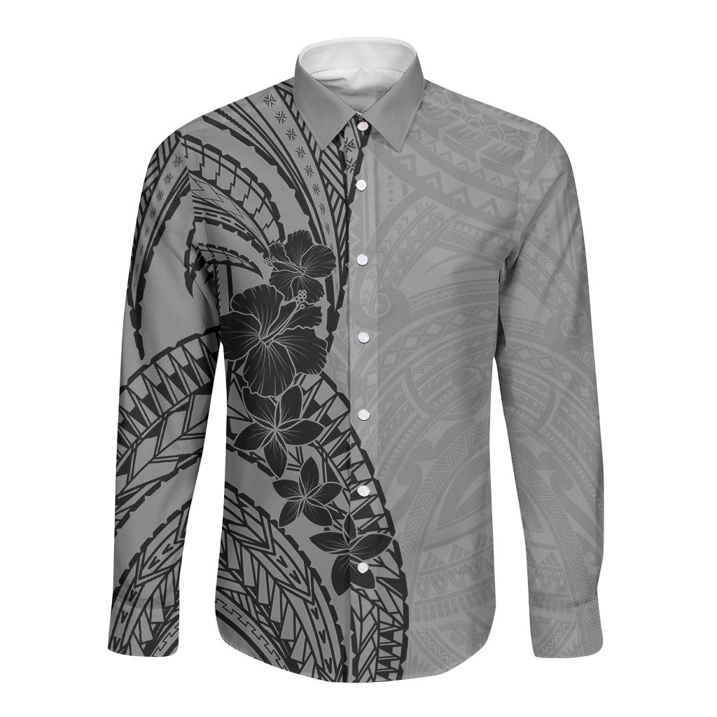 Black Gray Polynesia Tropical Flowers Long Sleeve Button Shirt