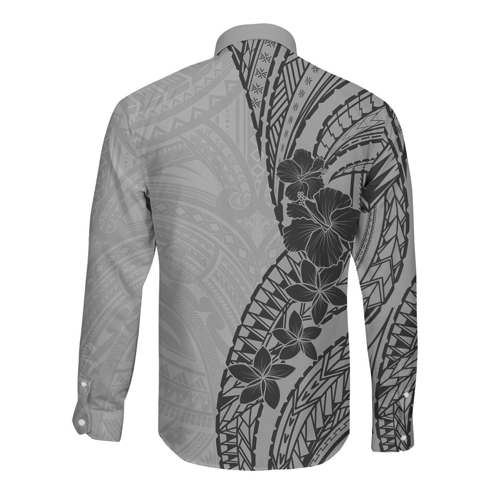 Black Gray Polynesia Tropical Flowers Long Sleeve Button Shirt