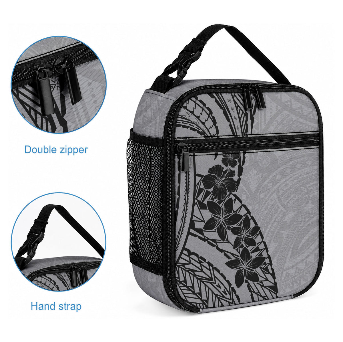 Black Gray Polynesia Tropical Flowers Lunch Bag