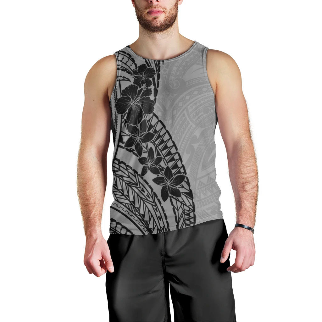Black Gray Polynesia Tropical Flowers Men Tank Top