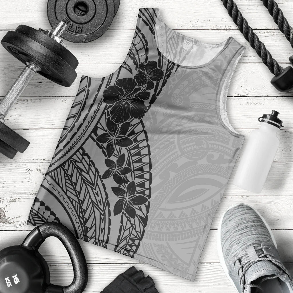 Black Gray Polynesia Tropical Flowers Men Tank Top