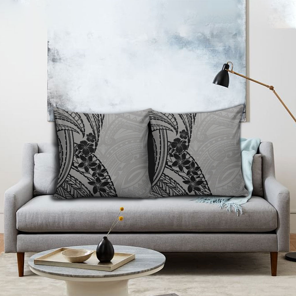 Black Gray Polynesia Tropical Flowers Pillow Cover