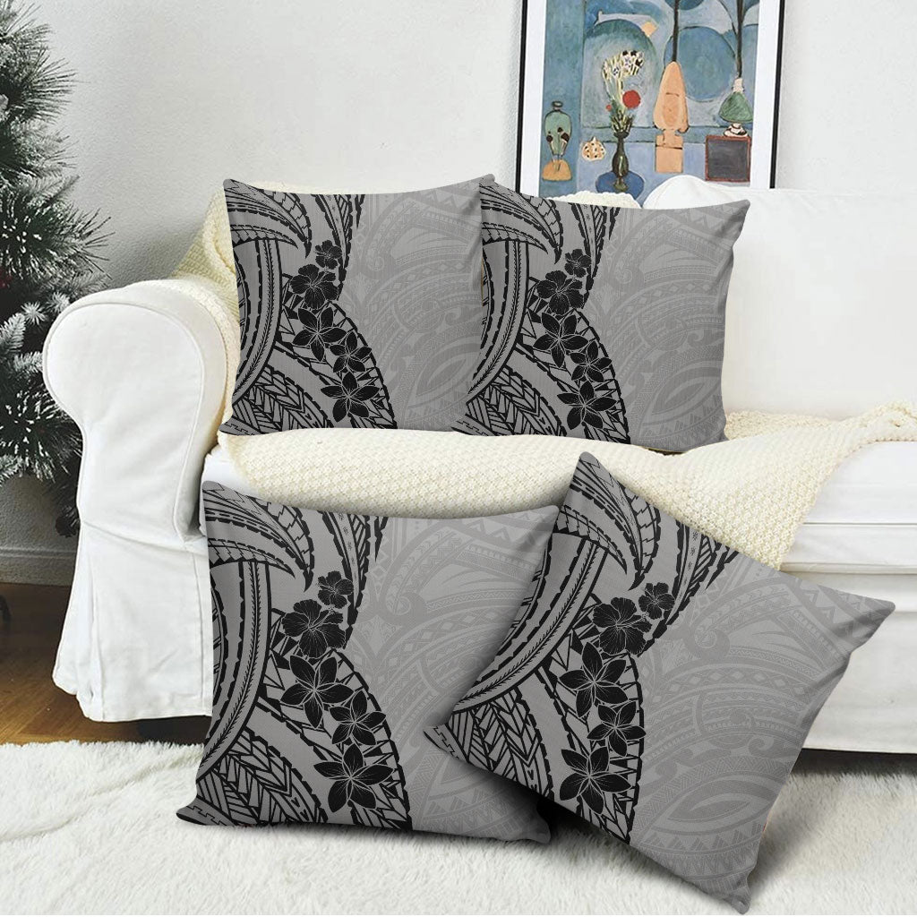 Black Gray Polynesia Tropical Flowers Pillow Cover