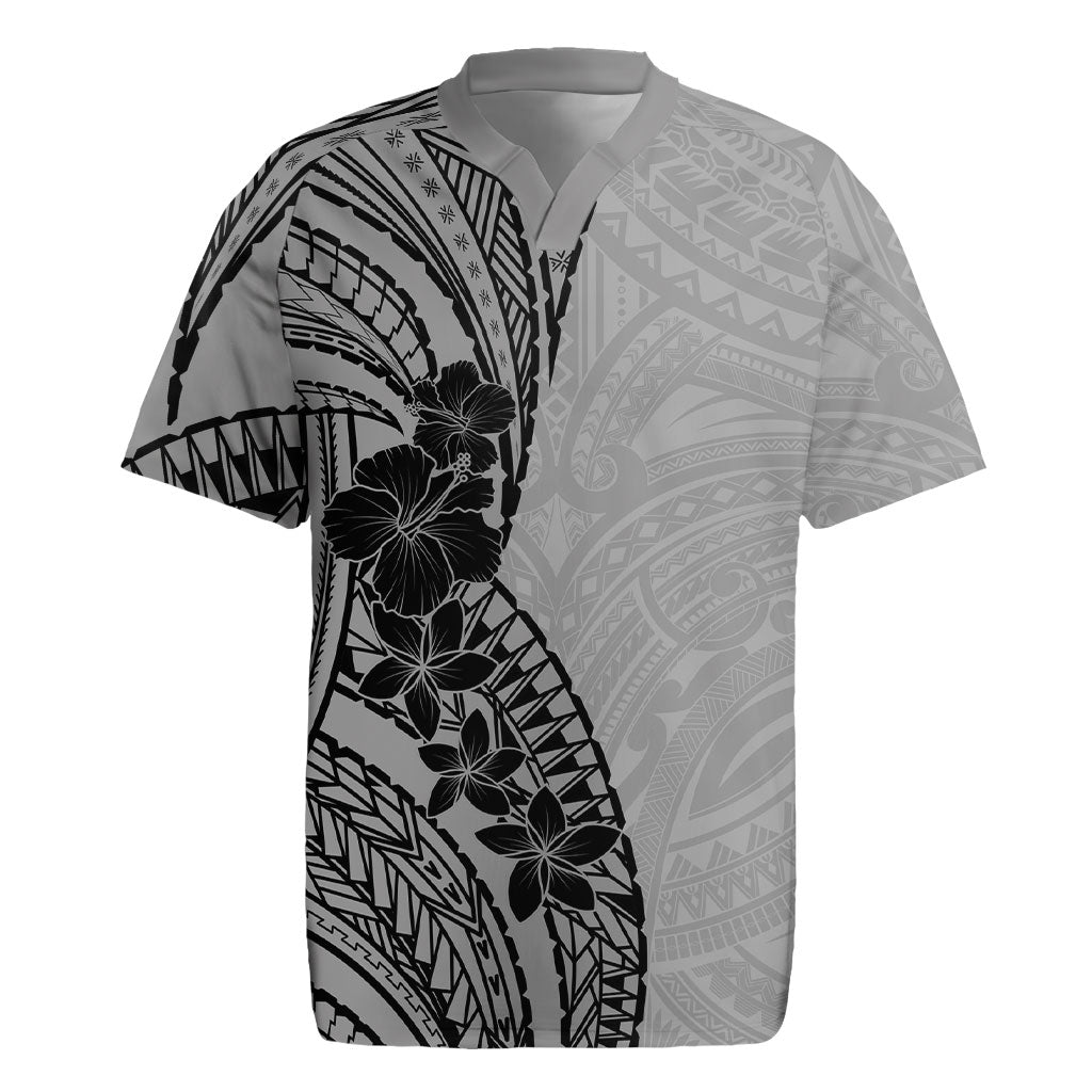 Black Gray Polynesia Tropical Flowers Rugby Jersey