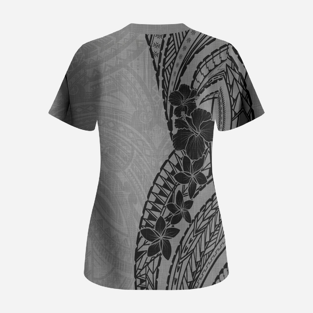 Black Gray Polynesia Tropical Flowers Scrub Top LT14 - Polynesian Pride