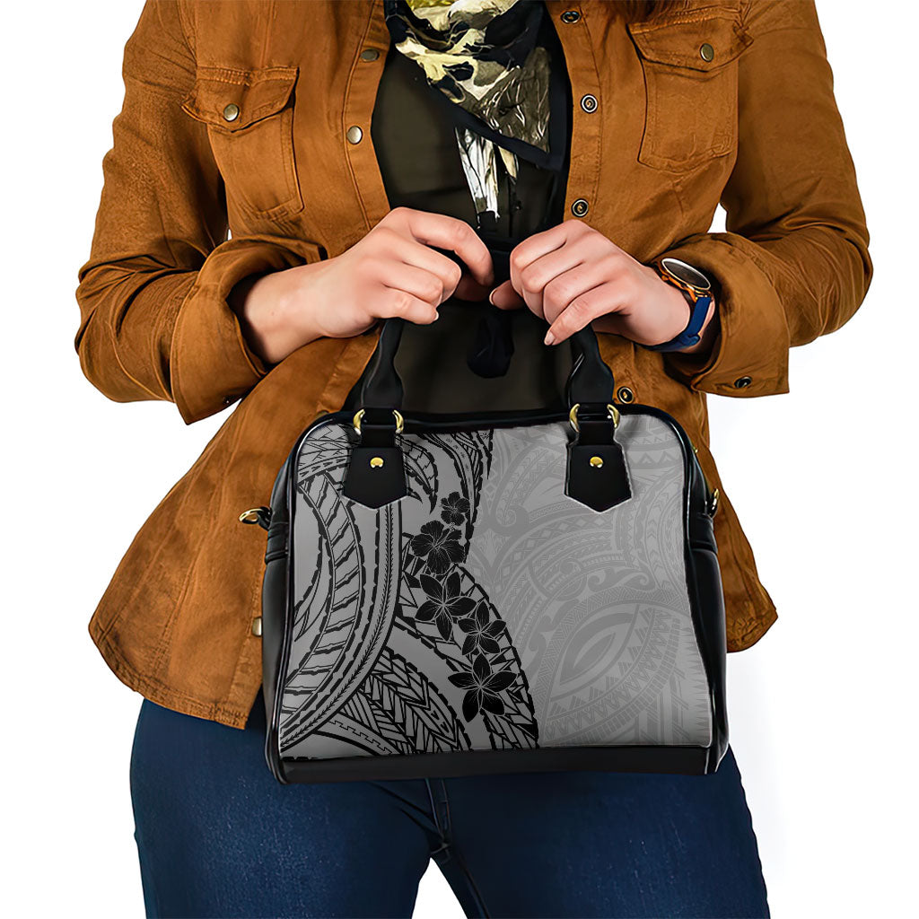 Black Gray Polynesia Tropical Flowers Shoulder Handbag