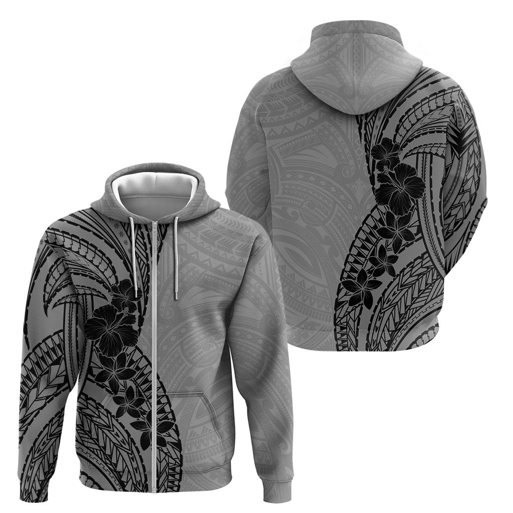 Black Gray Polynesia Tropical Flowers Zip Hoodie
