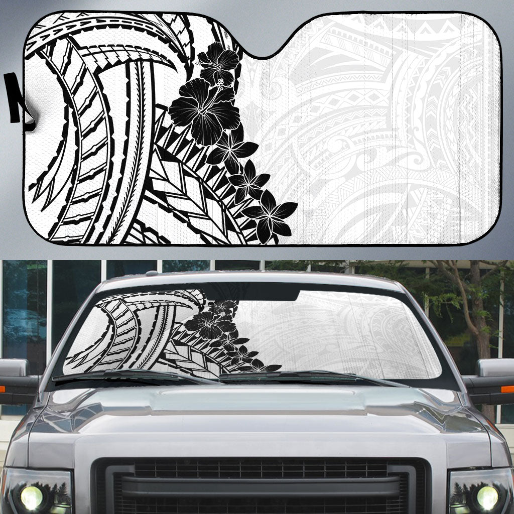 Black White Polynesia Tropical Flowers Auto Sun Shade