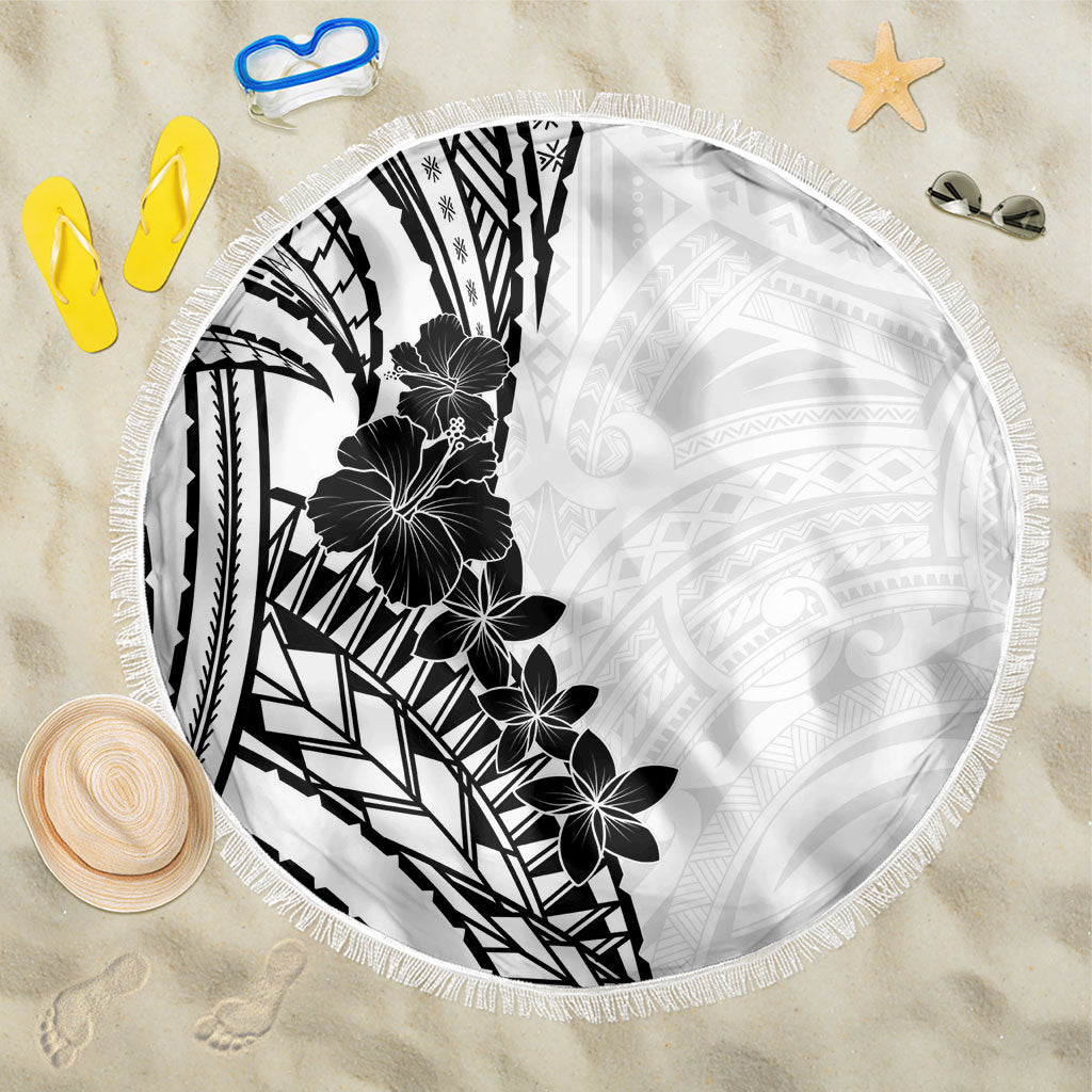 Black White Polynesia Tropical Flowers Beach Blanket