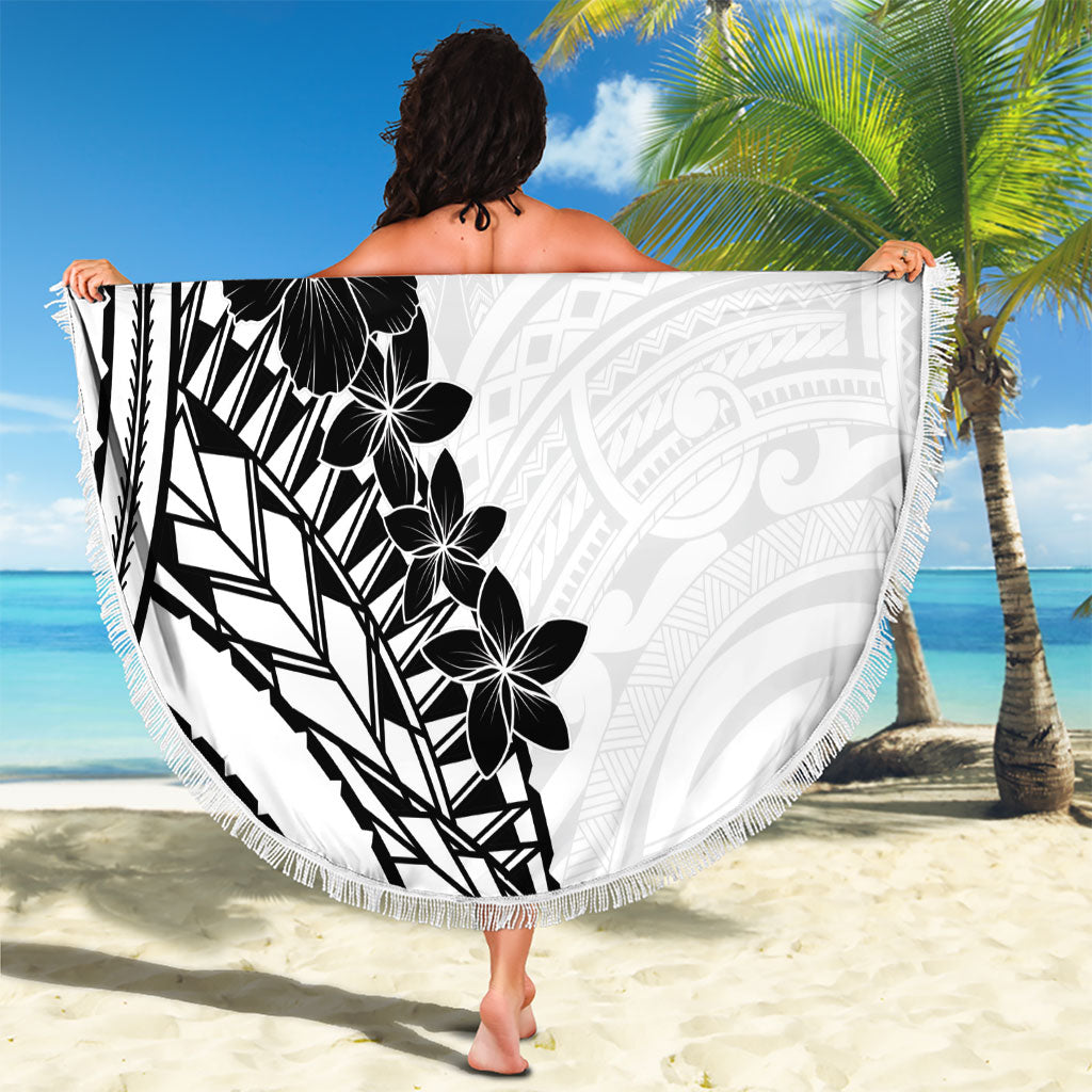 Black White Polynesia Tropical Flowers Beach Blanket