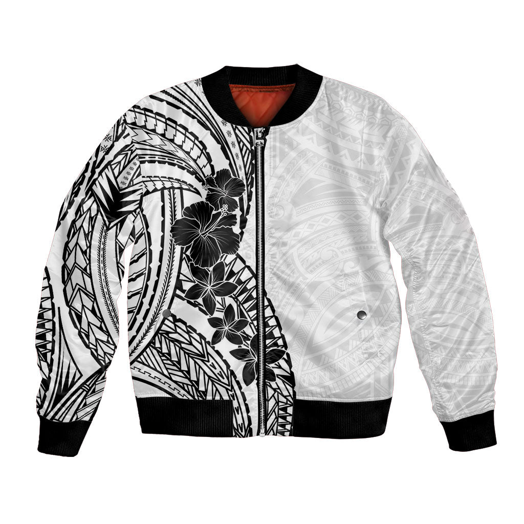 Black White Polynesia Tropical Flowers Bomber Jacket LT14 Unisex White - Polynesian Pride