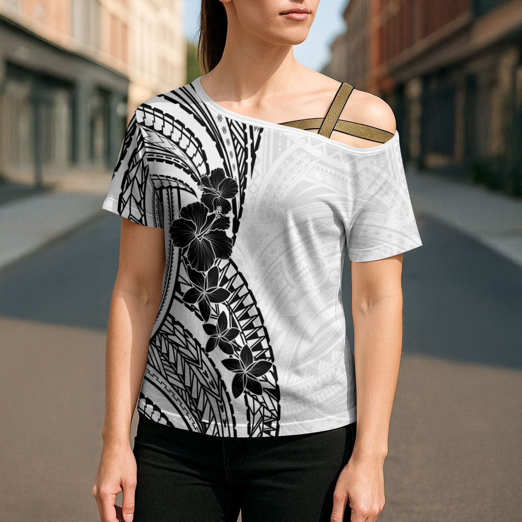 Black White Polynesia Tropical Flowers Cross Shoulder Shirt LT14 - Polynesian Pride