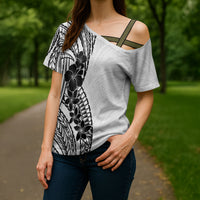 Black White Polynesia Tropical Flowers Cross Shoulder Shirt LT14 - Polynesian Pride