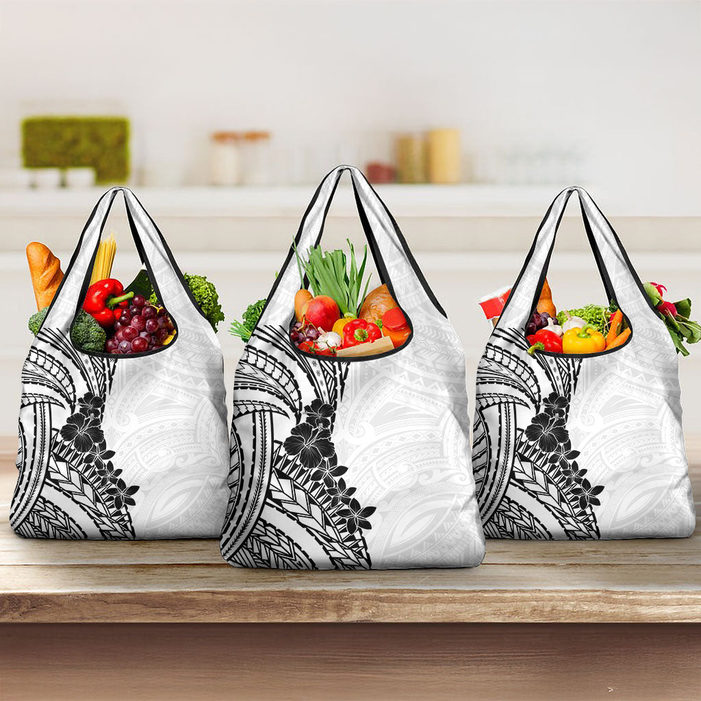 Black White Polynesia Tropical Flowers Grocery Bag LT14 3-pack One Size White - Polynesian Pride
