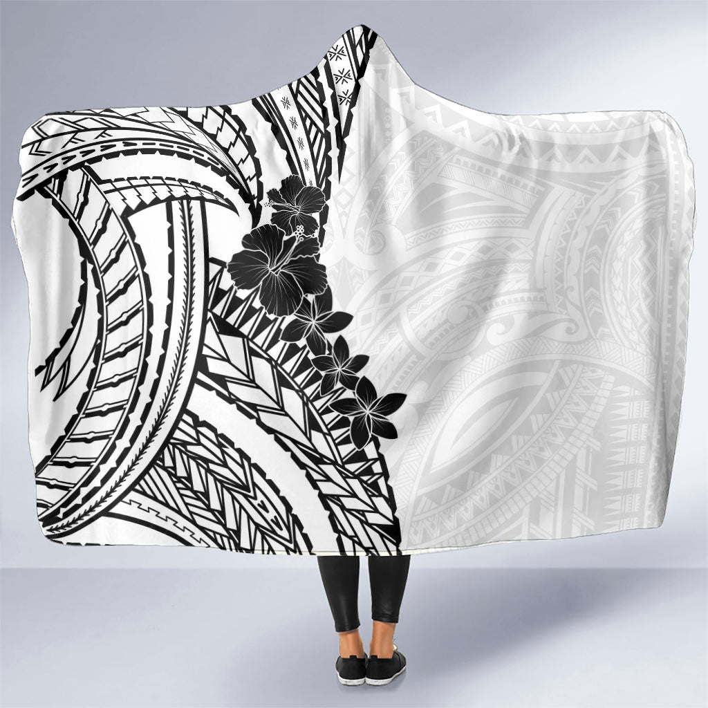 Black White Polynesia Tropical Flowers Hooded Blanket LT14 One Size White - Polynesian Pride