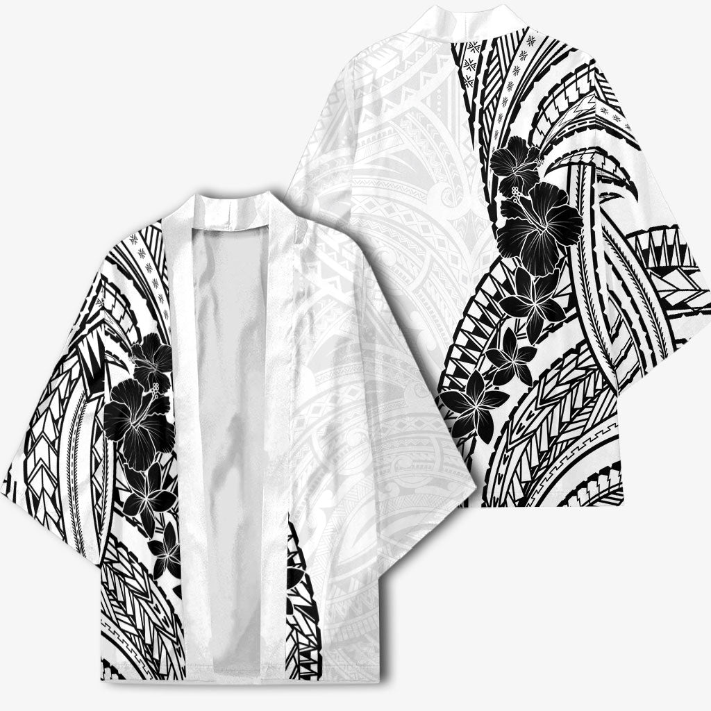 Black White Polynesia Tropical Flowers Kimono