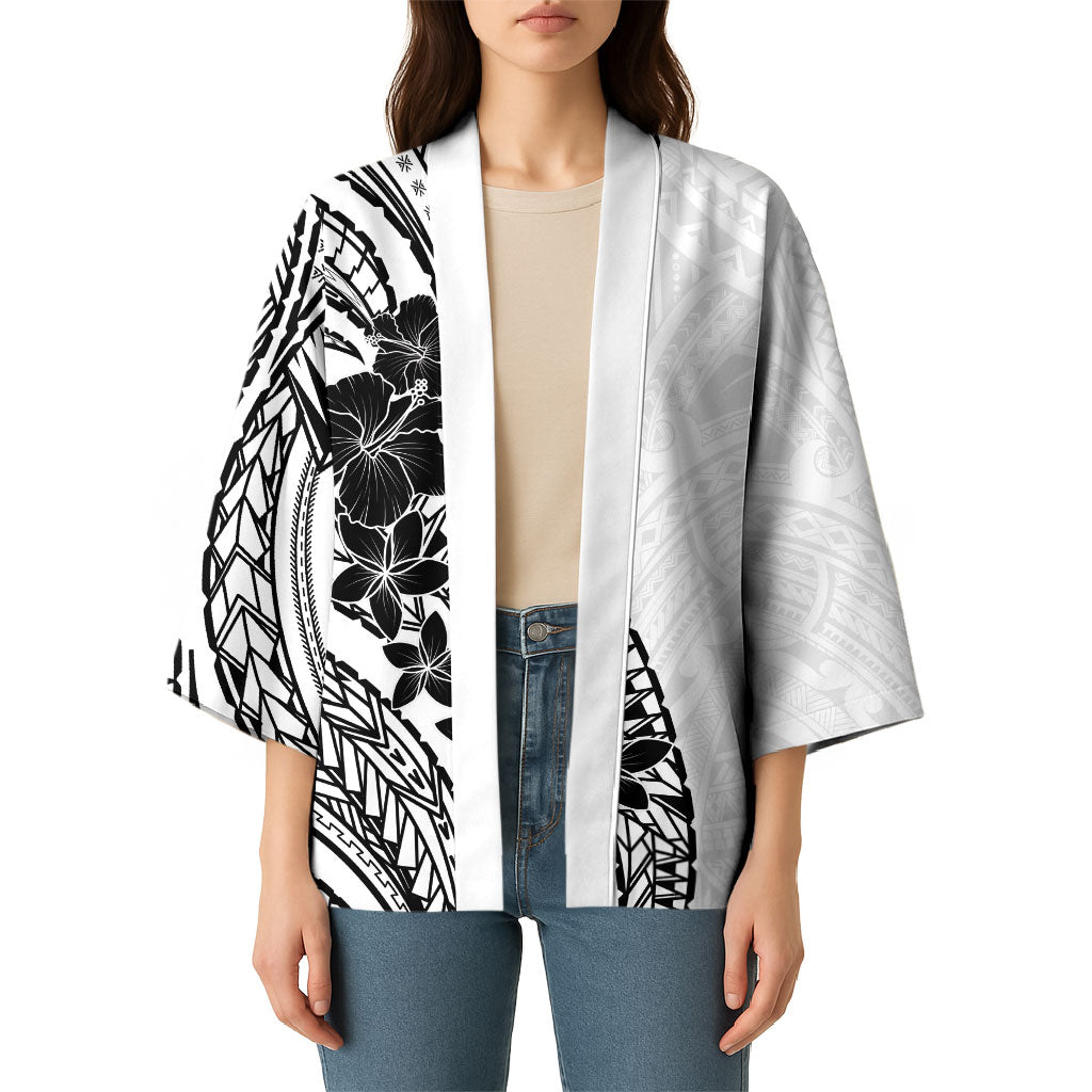 Black White Polynesia Tropical Flowers Kimono
