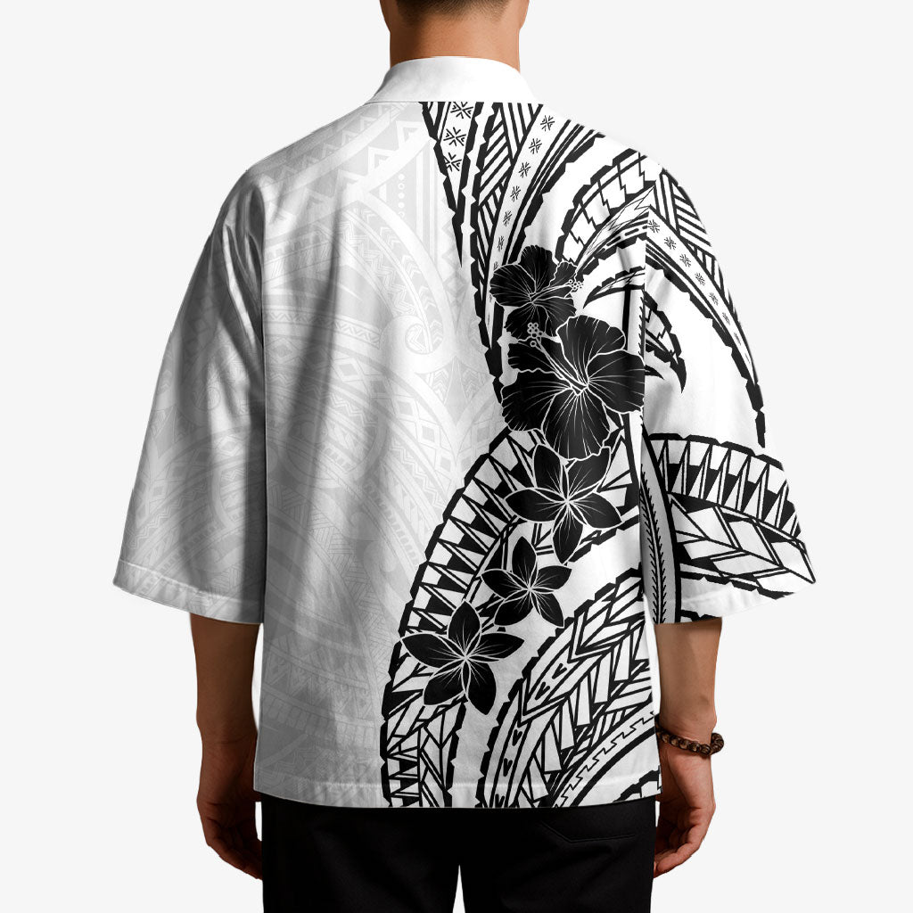 Black White Polynesia Tropical Flowers Kimono