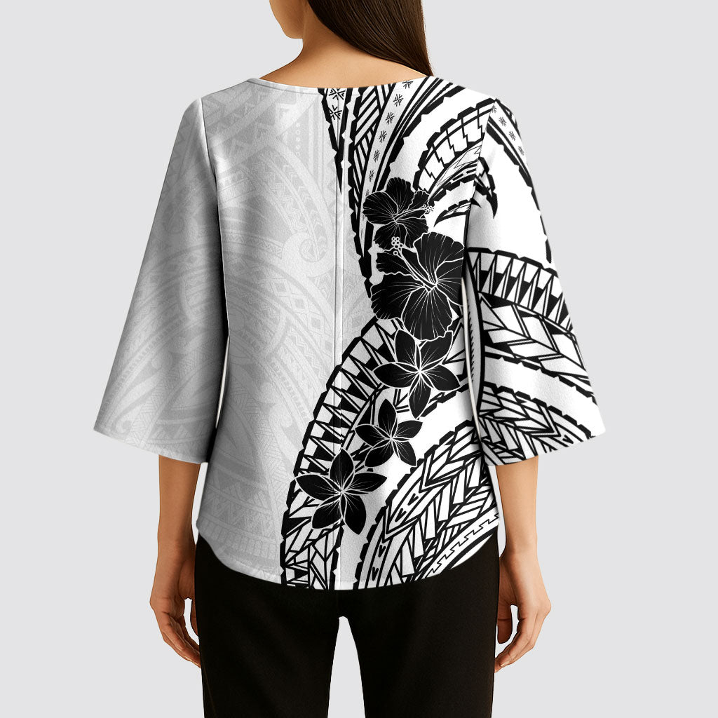 Black White Polynesia Tropical Flowers Kimono Sleeve Blouse