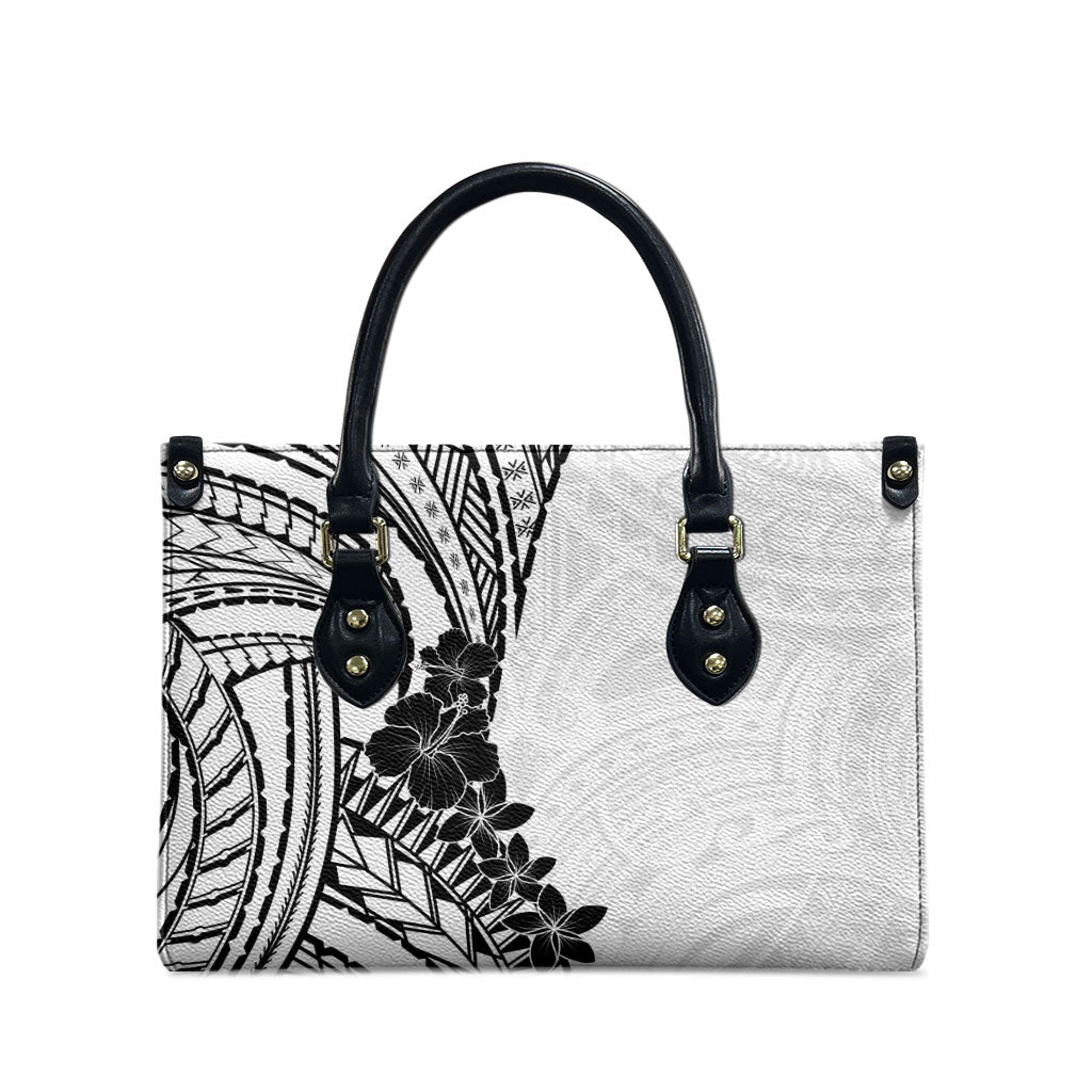 Black White Polynesia Tropical Flowers Leather Bag