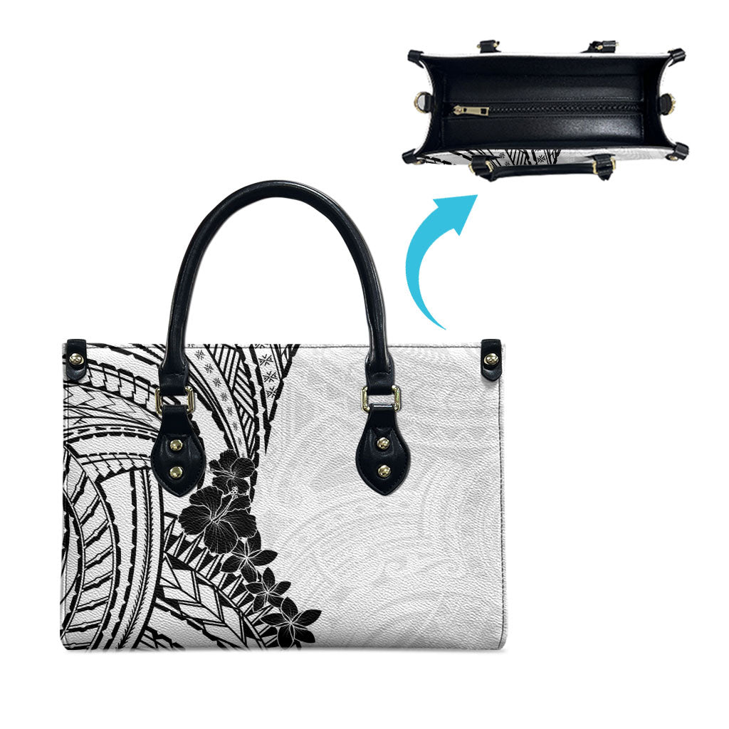 Black White Polynesia Tropical Flowers Leather Bag