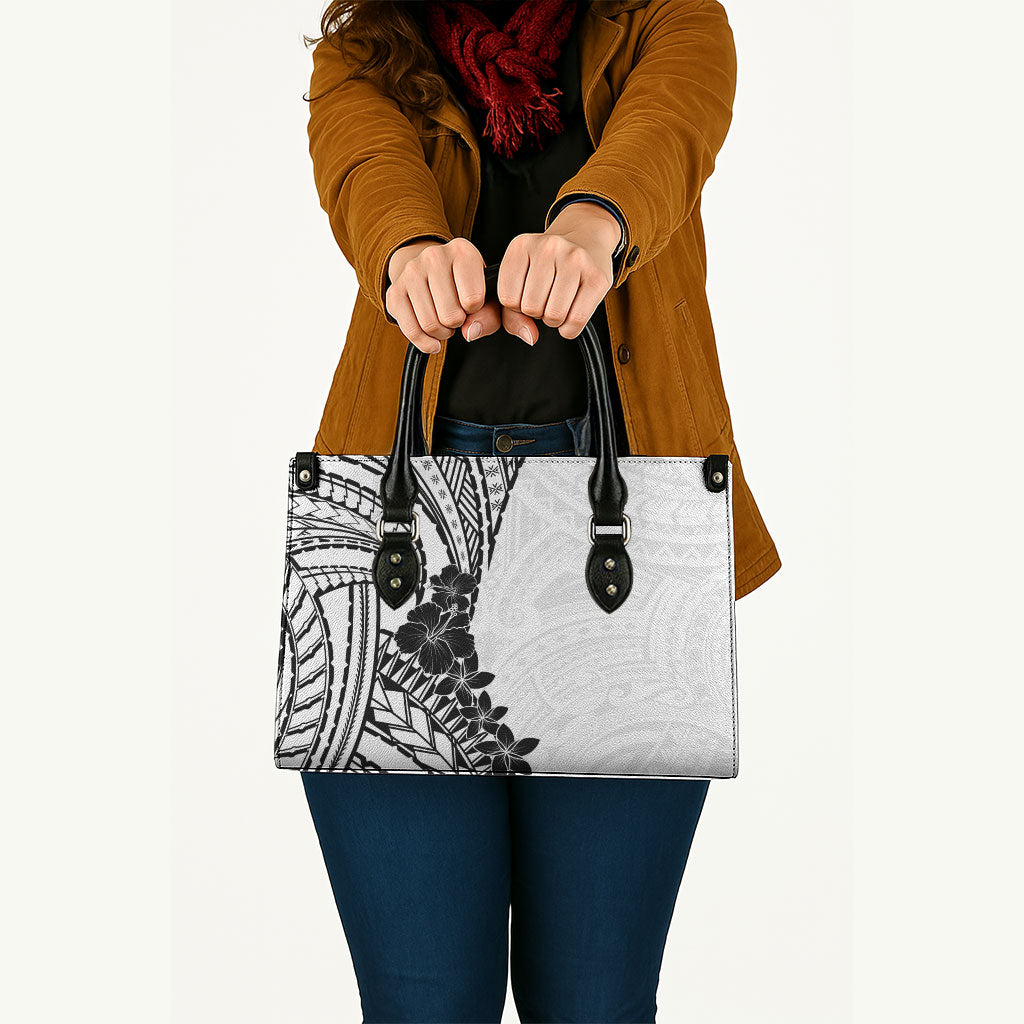 Black White Polynesia Tropical Flowers Leather Bag