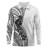 Black White Polynesia Tropical Flowers Long Sleeve Polo Shirt LT14 White - Polynesian Pride