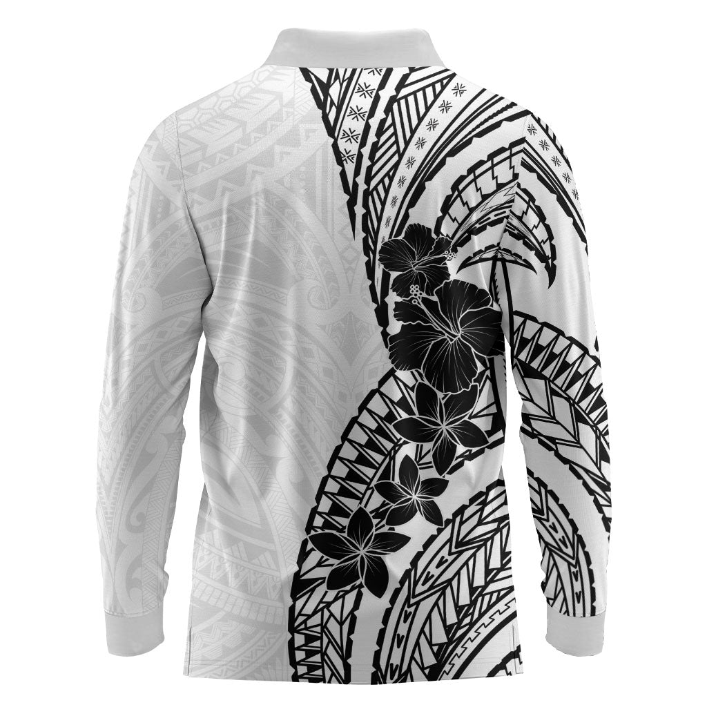 Black White Polynesia Tropical Flowers Long Sleeve Polo Shirt LT14 - Polynesian Pride