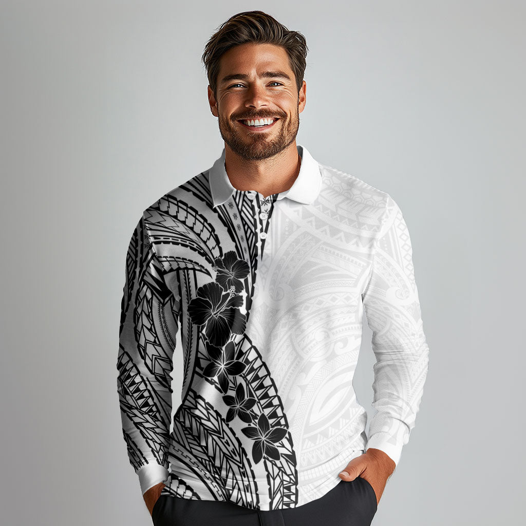 Black White Polynesia Tropical Flowers Long Sleeve Polo Shirt LT14 - Polynesian Pride
