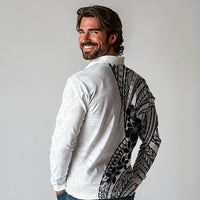 Black White Polynesia Tropical Flowers Long Sleeve Polo Shirt LT14 - Polynesian Pride