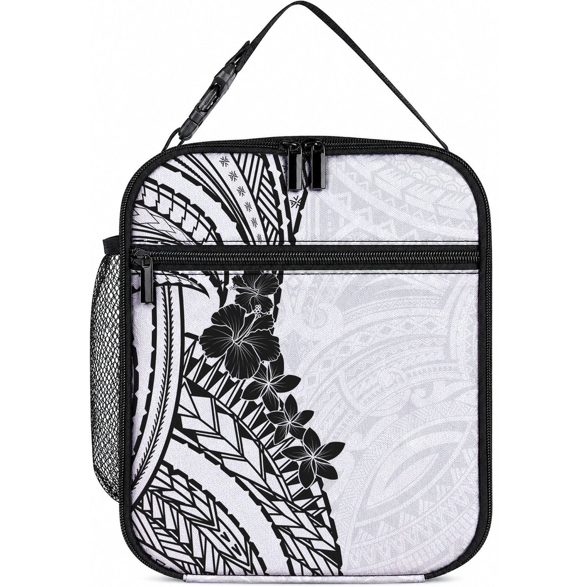 Black White Polynesia Tropical Flowers Lunch Bag