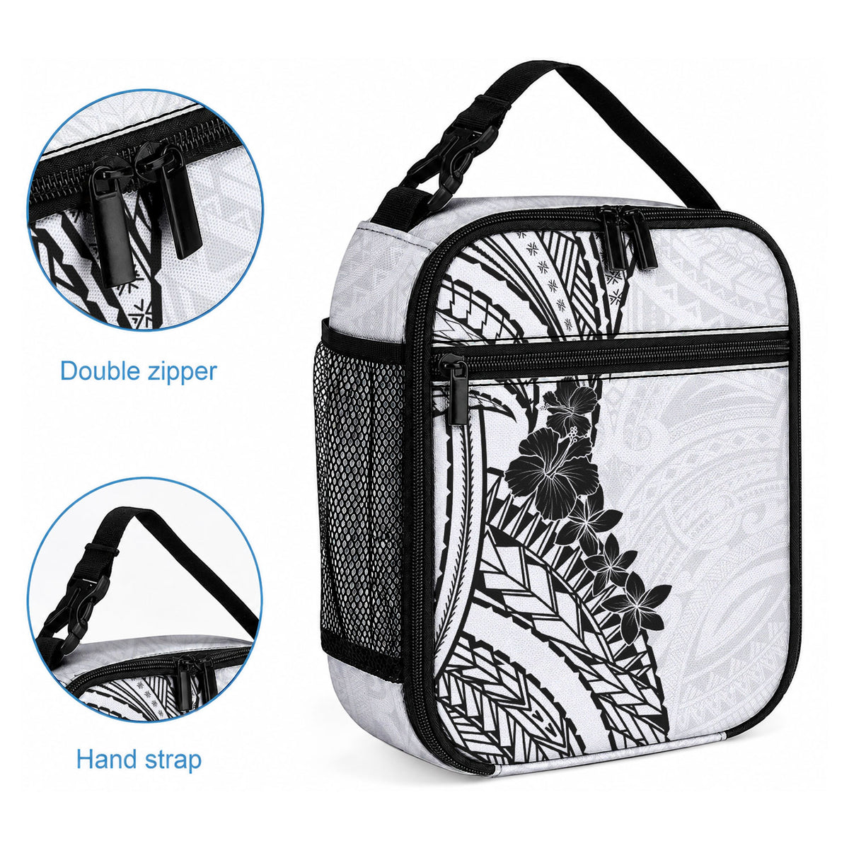 Black White Polynesia Tropical Flowers Lunch Bag
