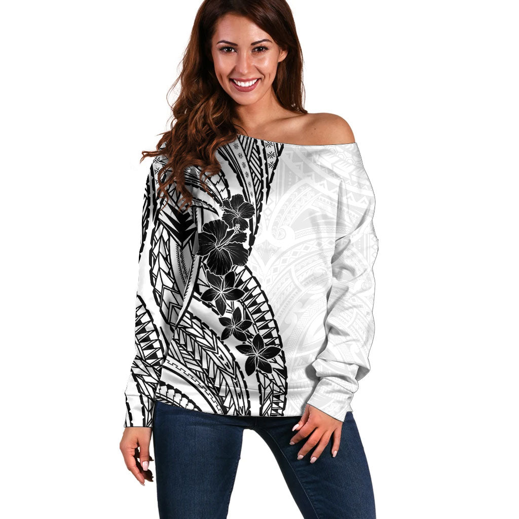 Black White Polynesia Tropical Flowers Off Shoulder Sweater